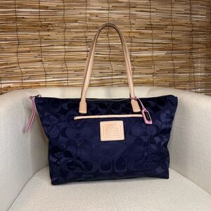 C O A C H.      Navy Blue monogram tote bag with lavender accents 10”x13”x5